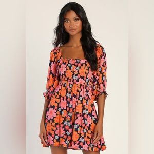 Lulus, Pollen in Love Navy Blue Floral Puff Sleeve Mini Skater Dress